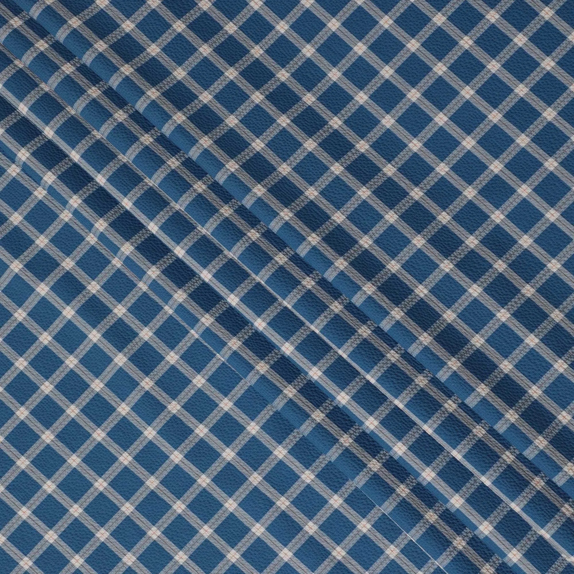 Petrol blue Premium 100% cotton shirting fabric with beige and rusty brown print in checks design-D16845