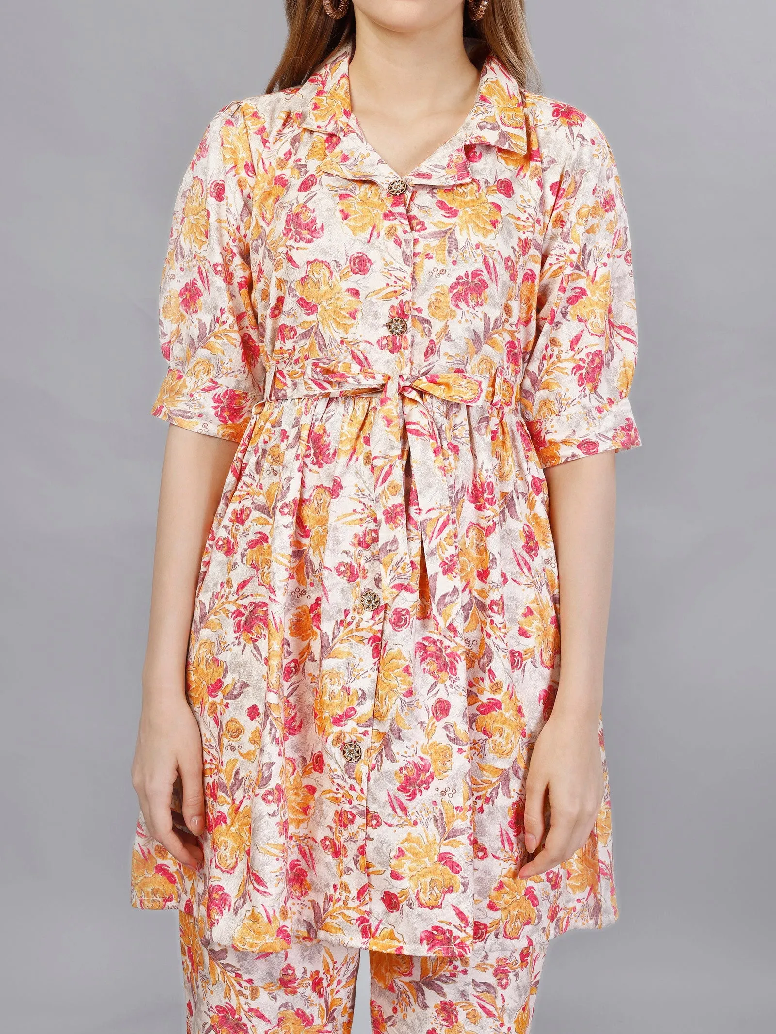 Printed Orange2-Piece Shirt & Trousers Set