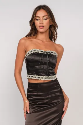 "December Fling" Black Satin Tube Crop Top w/ Lace Trim