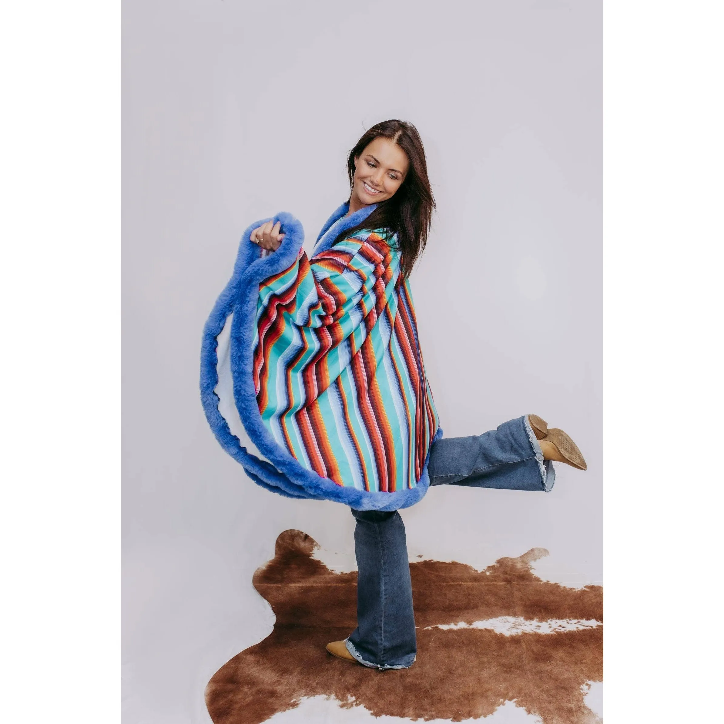 [SIZE L and 1X REMAINING] Fur Trim Poncho in Serape Southwestern Stripe | Loose Armholes Wrap Outerwear [Available in SM-3XL]