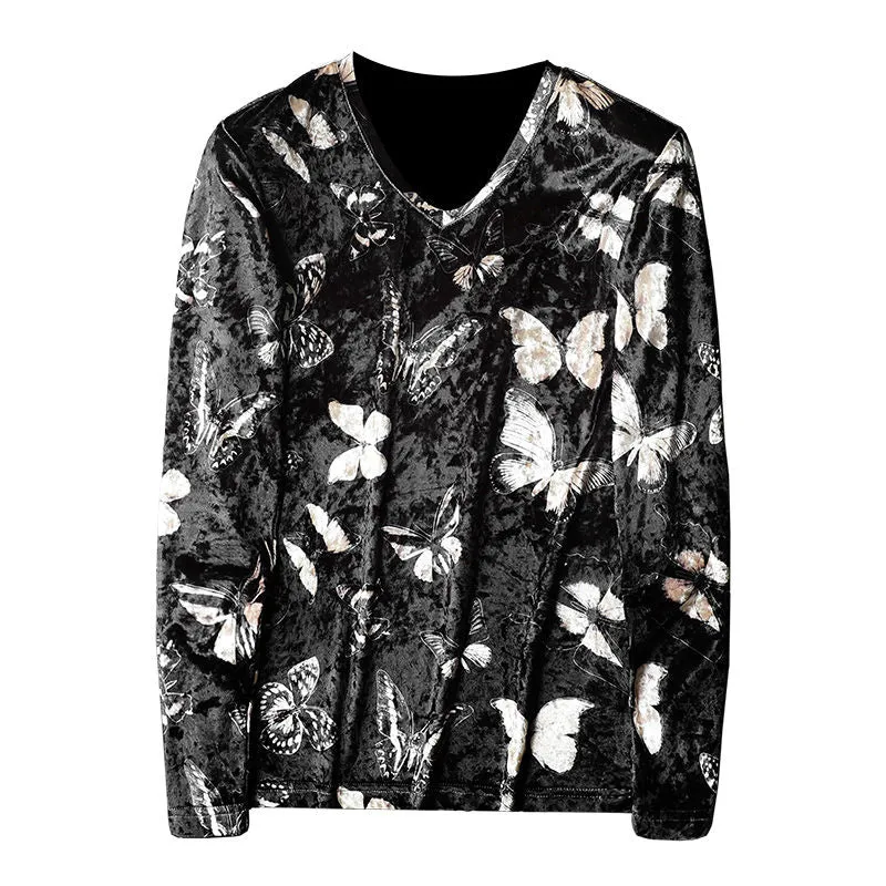 Vintage Butterfly Print V-Neck T-Shirt