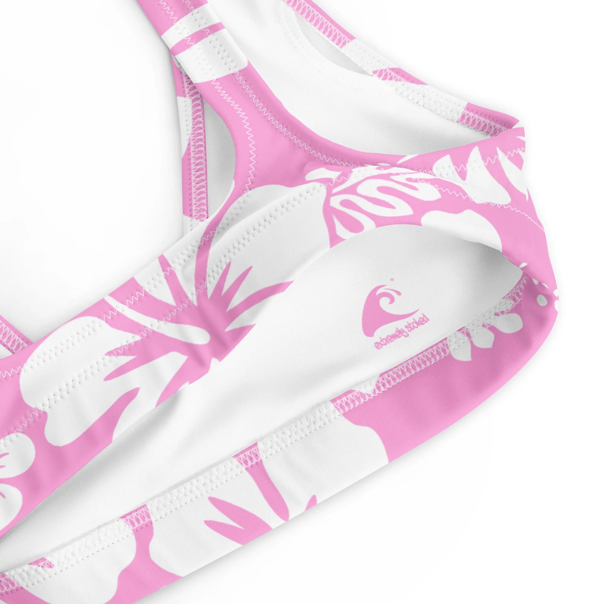White Hawaiian Hibiscus Flowers on Pink Halter Bikini Top