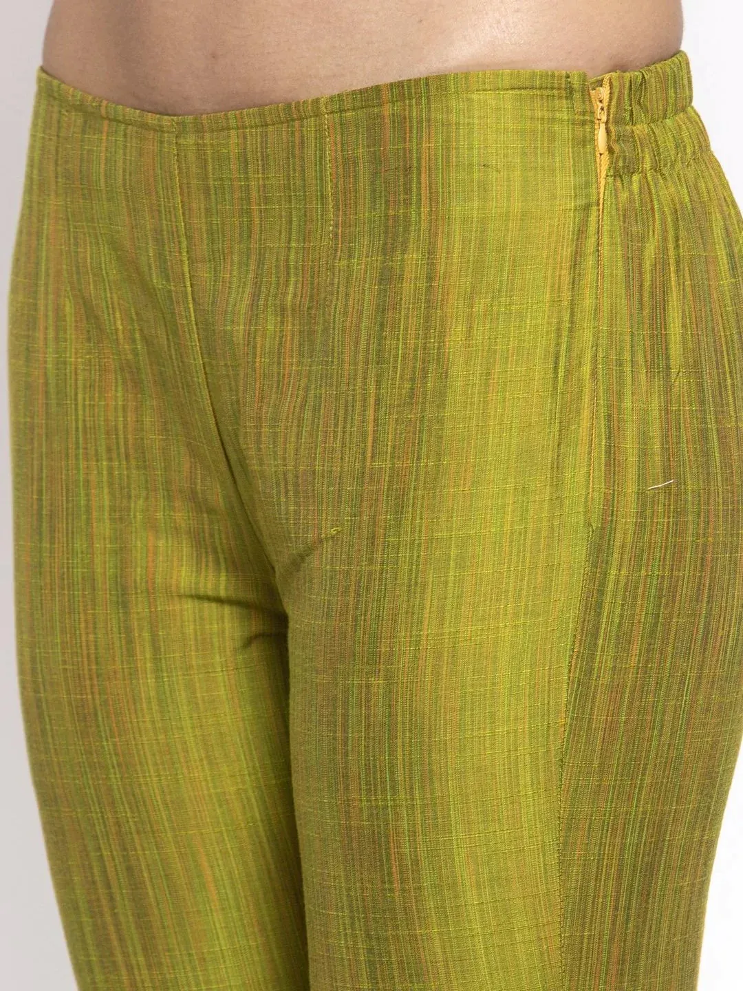 Women Green Self-Striped Kurta With Trousers & Art Silk Dupatta
