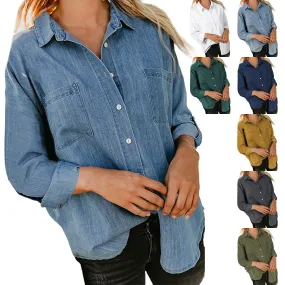 Women'S Denim Shirt Loose Double Pocket Long Sleeved Versatile Casual Blouses - WSB8542