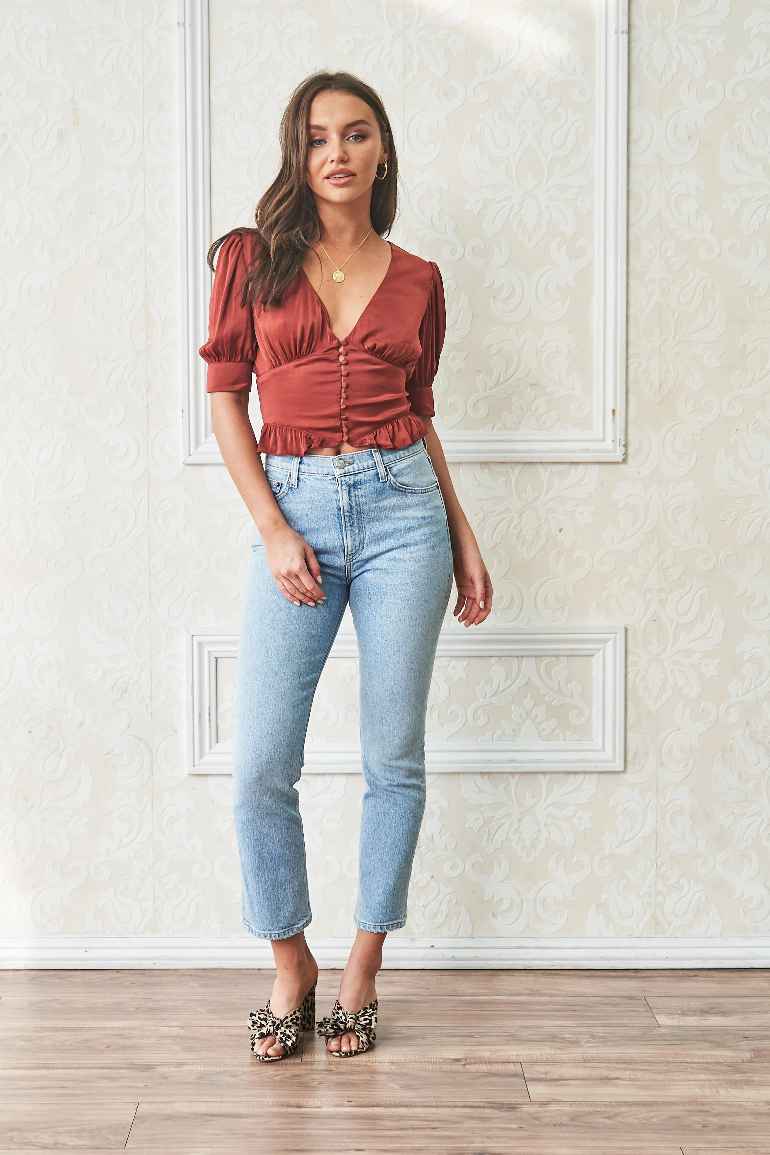 women's puff short sleeve button up frilled deep v neck top